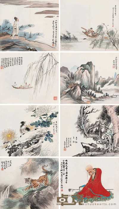 张大千 吴青霞 江寒汀 吴湖帆等 1934年作 山水人物册页 册页(十九开选八) 32×37cm×19